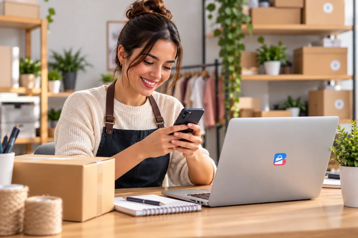 Emprendedora sonriendo mientras atiende su negocio desde el celular, con su laptop y paquetes listos sobre la mesa