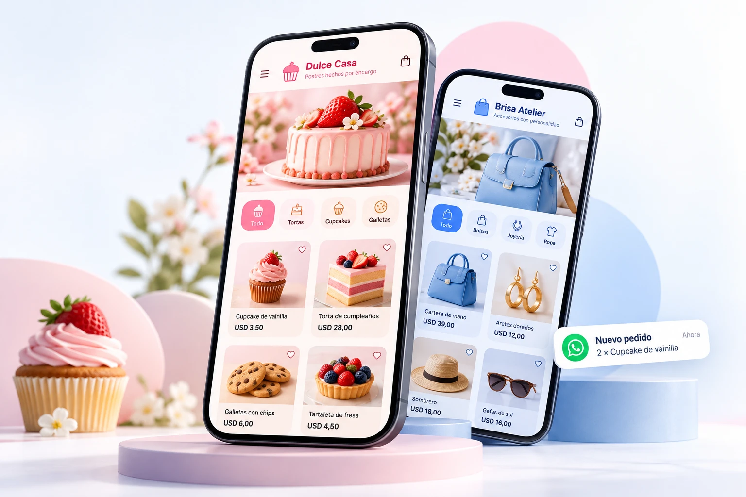Dos teléfonos con tiendas de ejemplo de Bendio: una pastelería con tortas, cupcakes y galletas, y una tienda de accesorios con carteras y aretes, junto a un aviso de nuevo pedido por WhatsApp